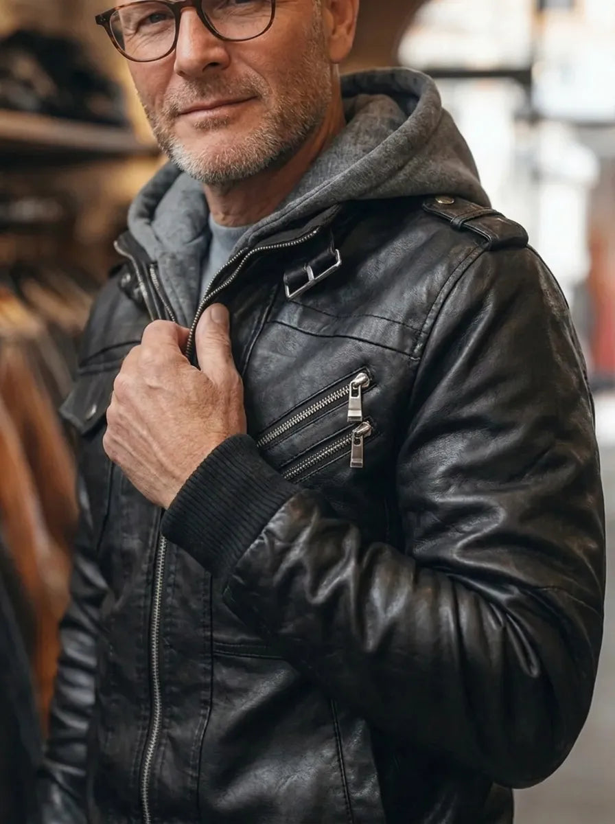 Lederjacke Herren schwarz mit Kapuze und praktischen Taschen - 3 - Atelier-Zofia