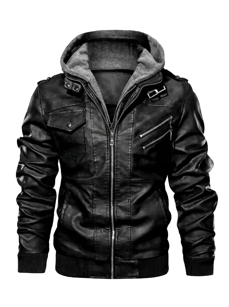 Lederjacke Herren schwarz mit Kapuze und praktischen Taschen - 4 - Atelier-Zofia