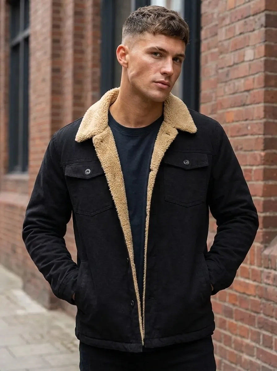 Jacket Men schwarz bequem mit Teddyfell-Kragen - 1 - Atelier-Zofia