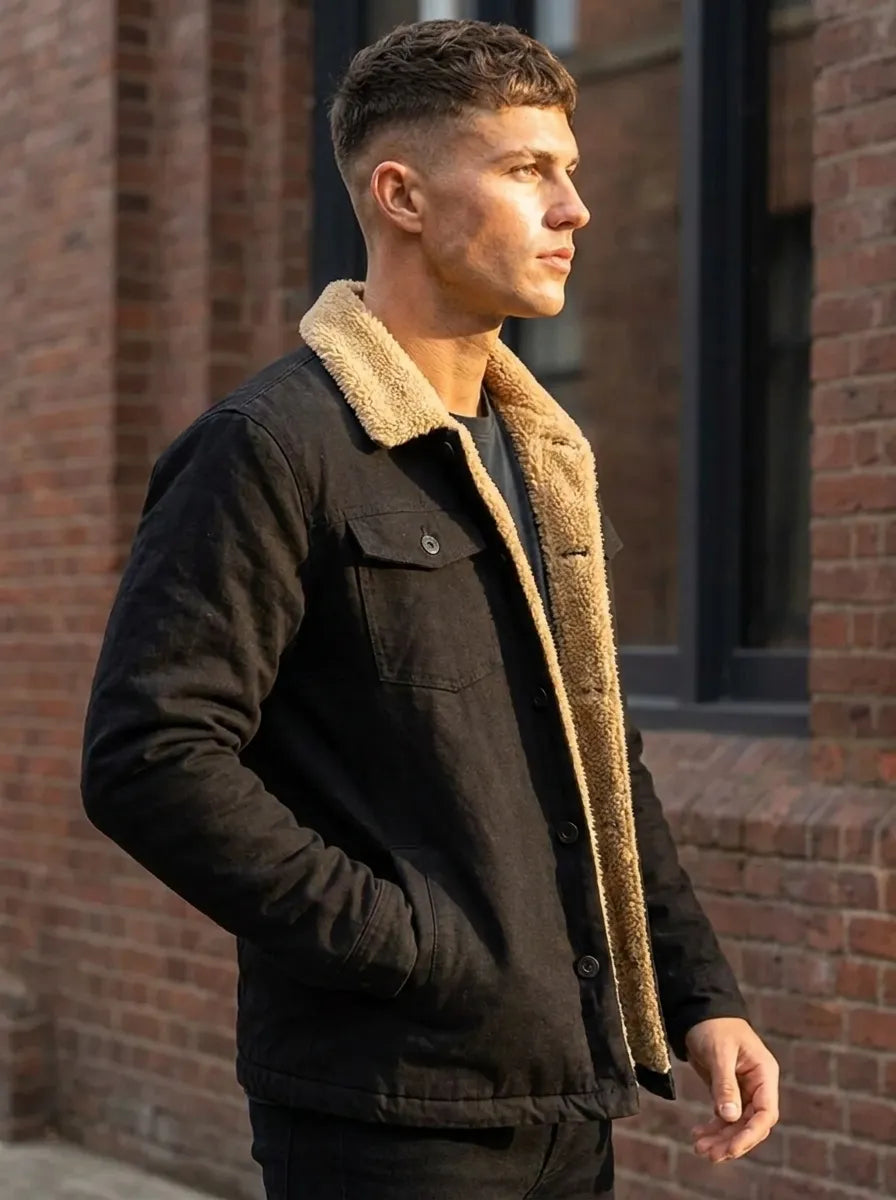 Jacket Men schwarz bequem mit Teddyfell-Kragen - 2 - Atelier-Zofia