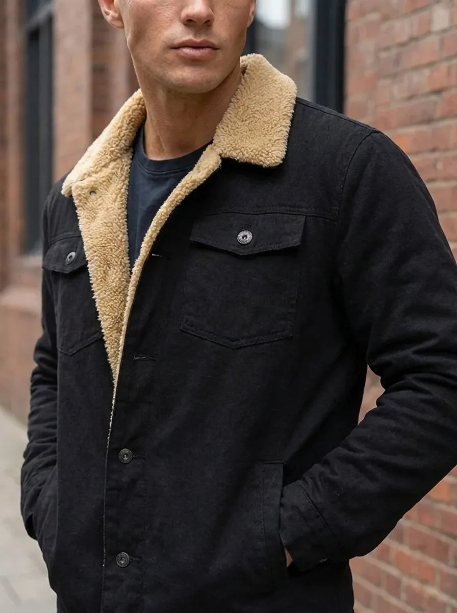 Jacket Men schwarz bequem mit Teddyfell-Kragen - 3 - Atelier-Zofia