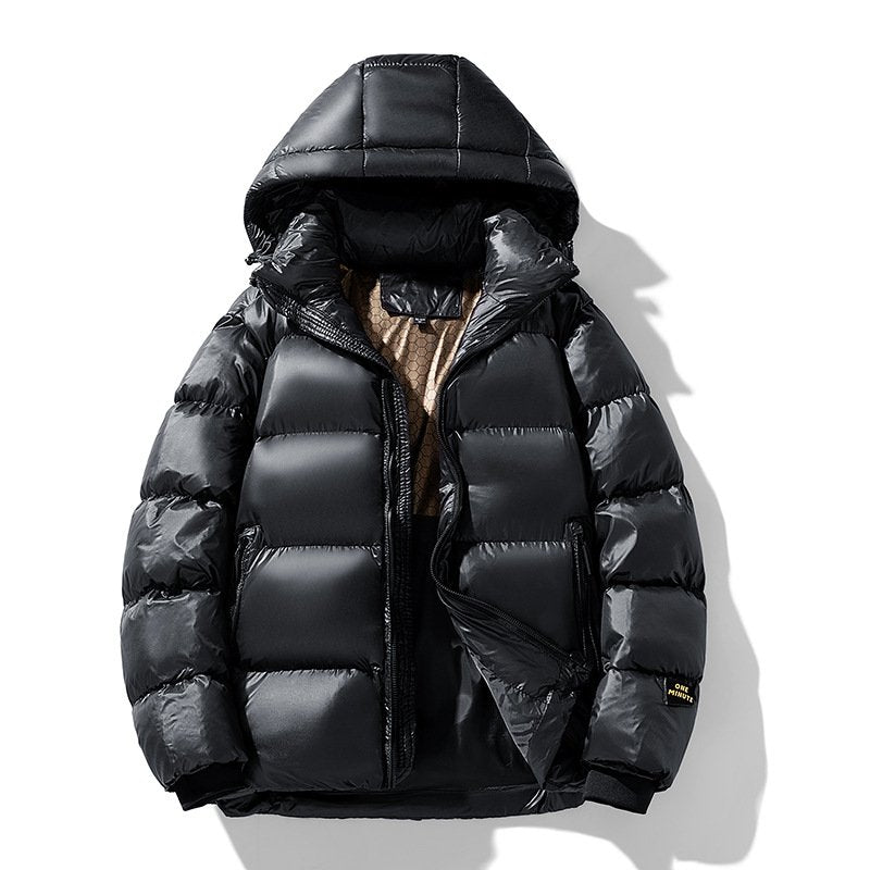 Steppjacke Herren schwarz mit Kapuze und glänzendem Innenfutter - 1 - Atelier-Zofia