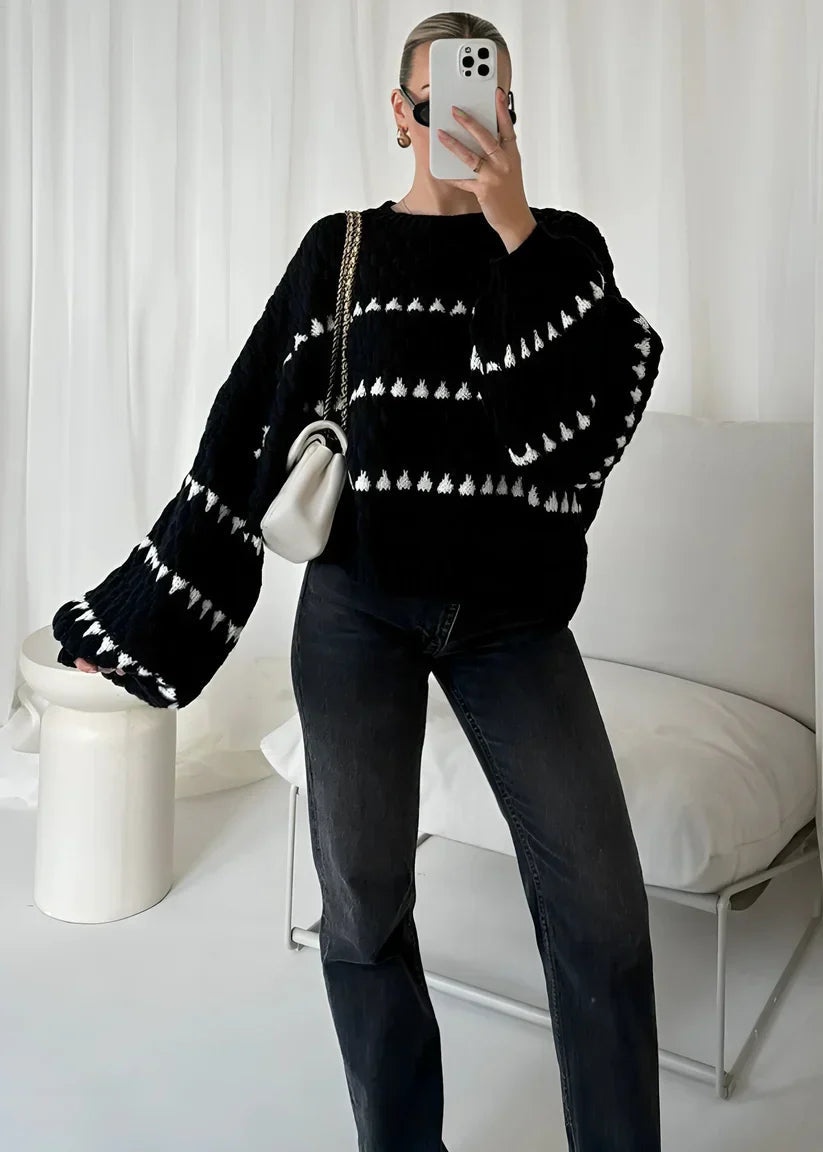 Pullover Damen creme oversized mit langen Ärmeln und gemustert - 9 - Atelier-Zofia