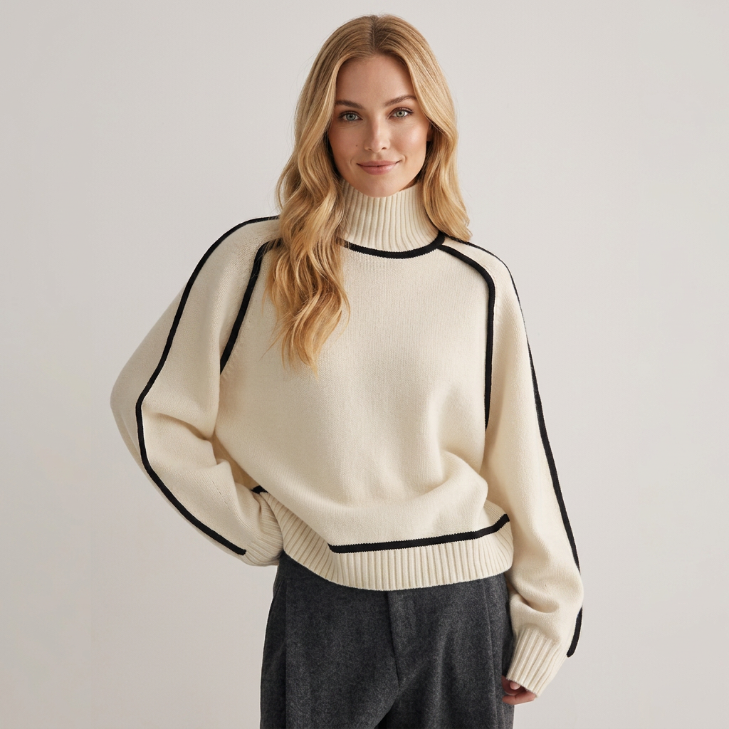 Pullover Damen creme mit hohem Kragen und weitem Schnitt - 1 - Atelier-Zofia