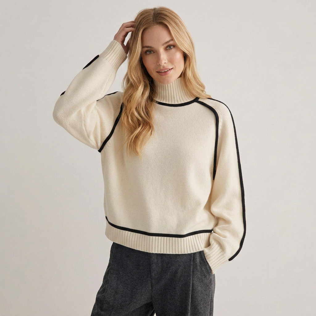 Pullover Damen creme mit hohem Kragen und weitem Schnitt - 2 - Atelier-Zofia