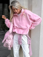 Pullover Damen rosa mit Stehkragen und Reißverschluss - 1 - Atelier-Zofia