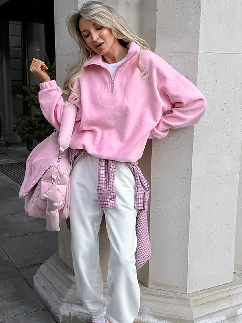 Pullover Damen rosa mit Stehkragen und Reißverschluss - 2 - Atelier-Zofia