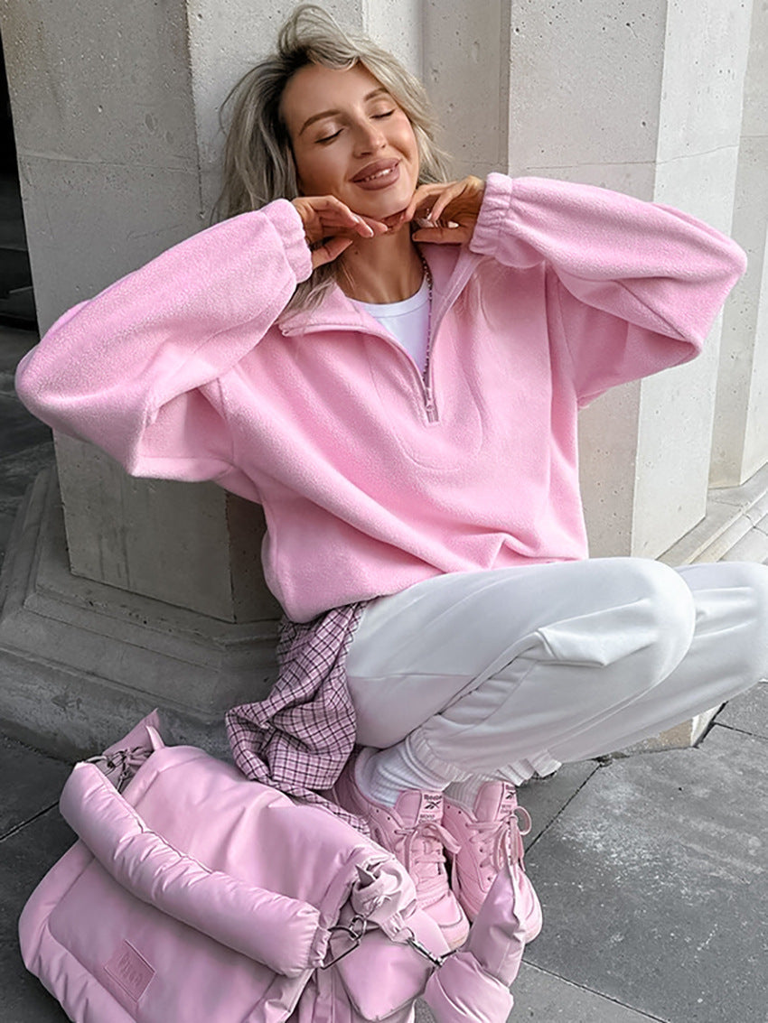 Pullover Damen rosa mit Stehkragen und Reißverschluss - 3 - Atelier-Zofia