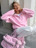 Pullover Damen rosa mit Stehkragen und Reißverschluss - 3 - Atelier-Zofia