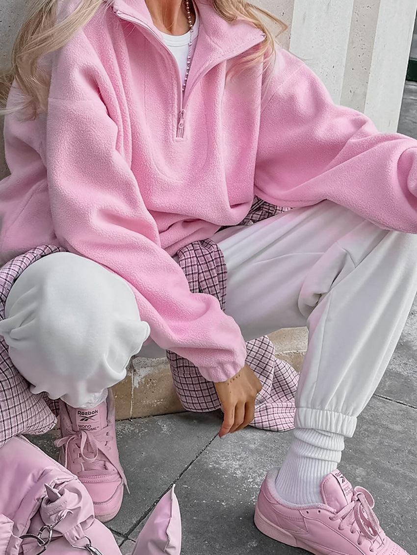 Pullover Damen rosa mit Stehkragen und Reißverschluss - 7 - Atelier-Zofia