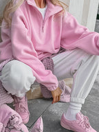Pullover Damen rosa mit Stehkragen und Reißverschluss - 7 - Atelier-Zofia
