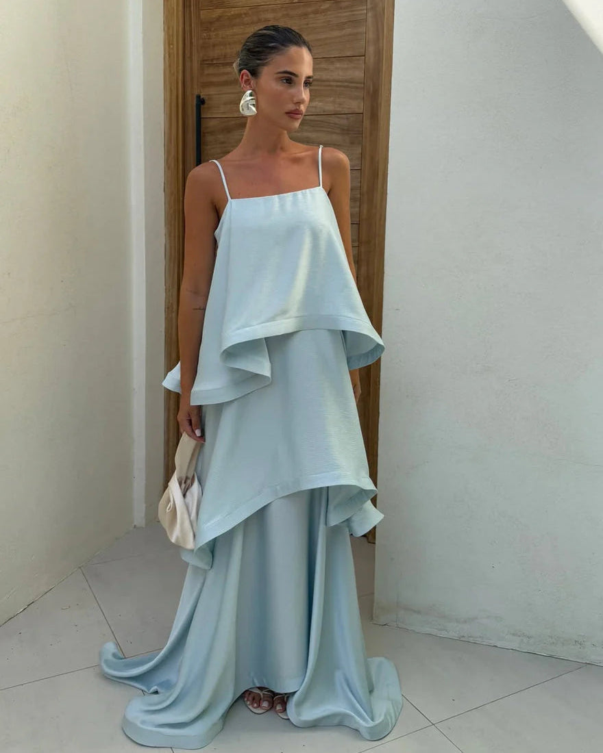Maxikleid Damen hellblau mit fließendem Schnitt und Spaghettiträgern - 3 - Atelier-Zofia