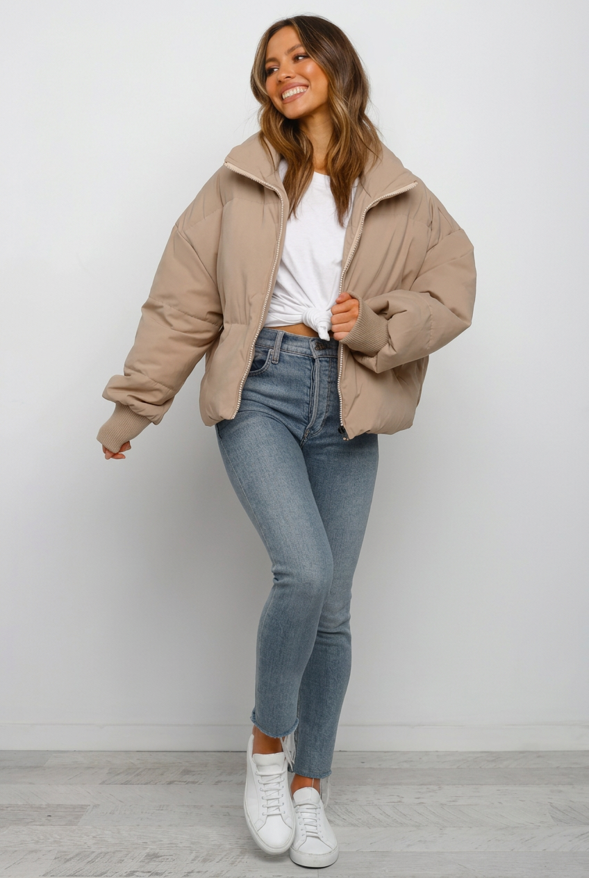 Jacke Damen beige mit lockerer Passform und Stehkragen - 4 - Atelier-Zofia