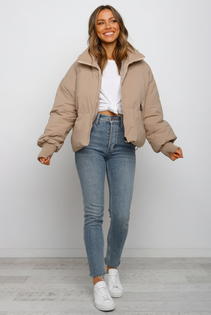 Jacke Damen beige mit lockerer Passform und Stehkragen - 5 - Atelier-Zofia