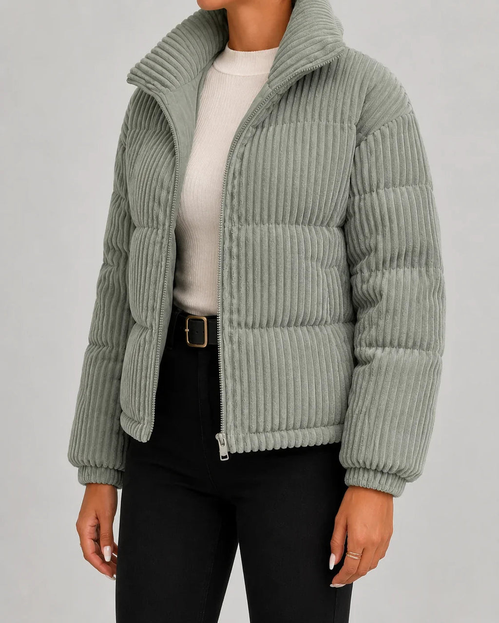 Damenjacke beige tailliert mit hohem Kragen und Reißverschluss - 3 - Atelier-Zofia