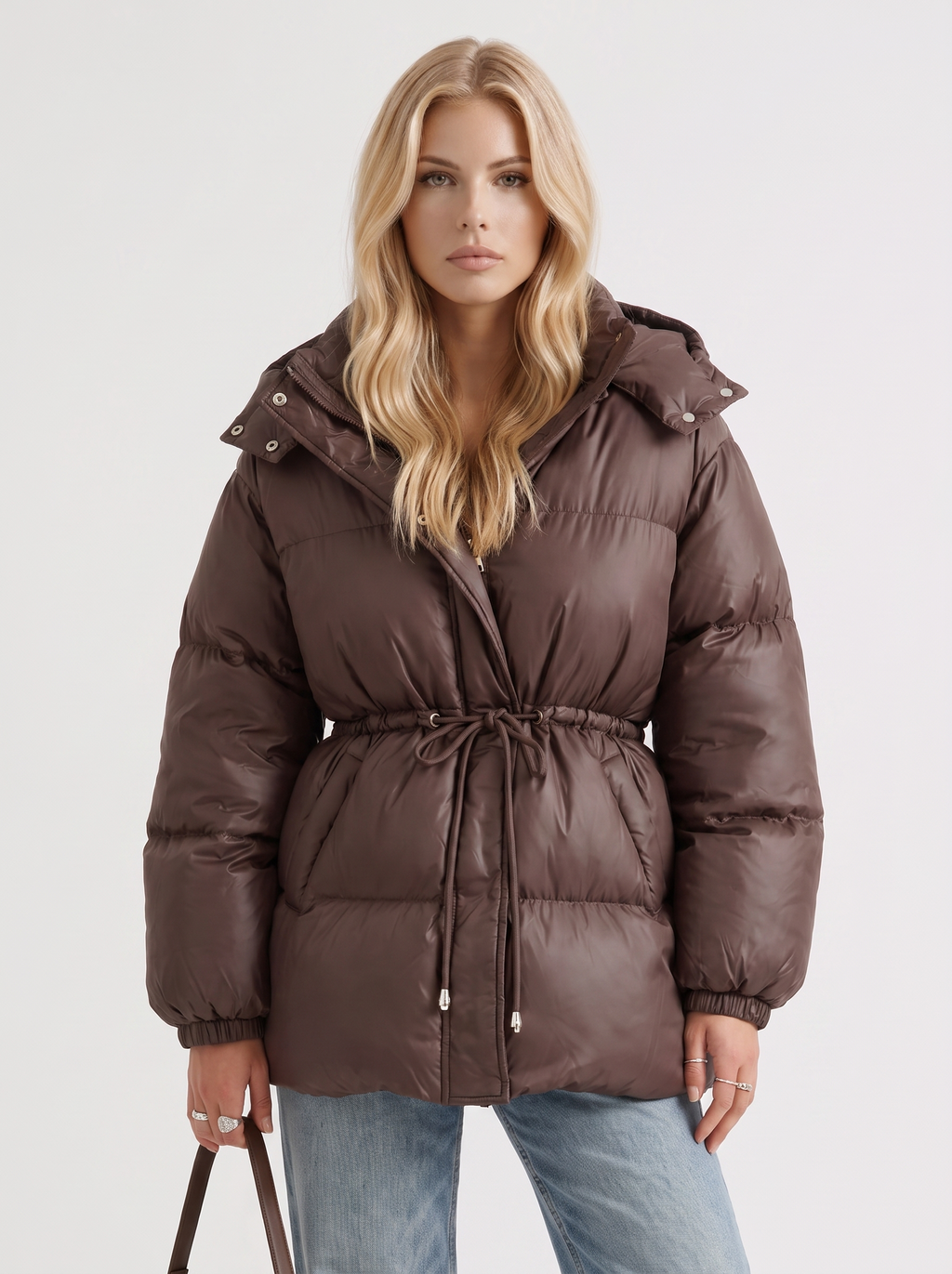 Damen Jacke braun tailliert mit Kapuze und Gummizug - 1 - Atelier-Zofia