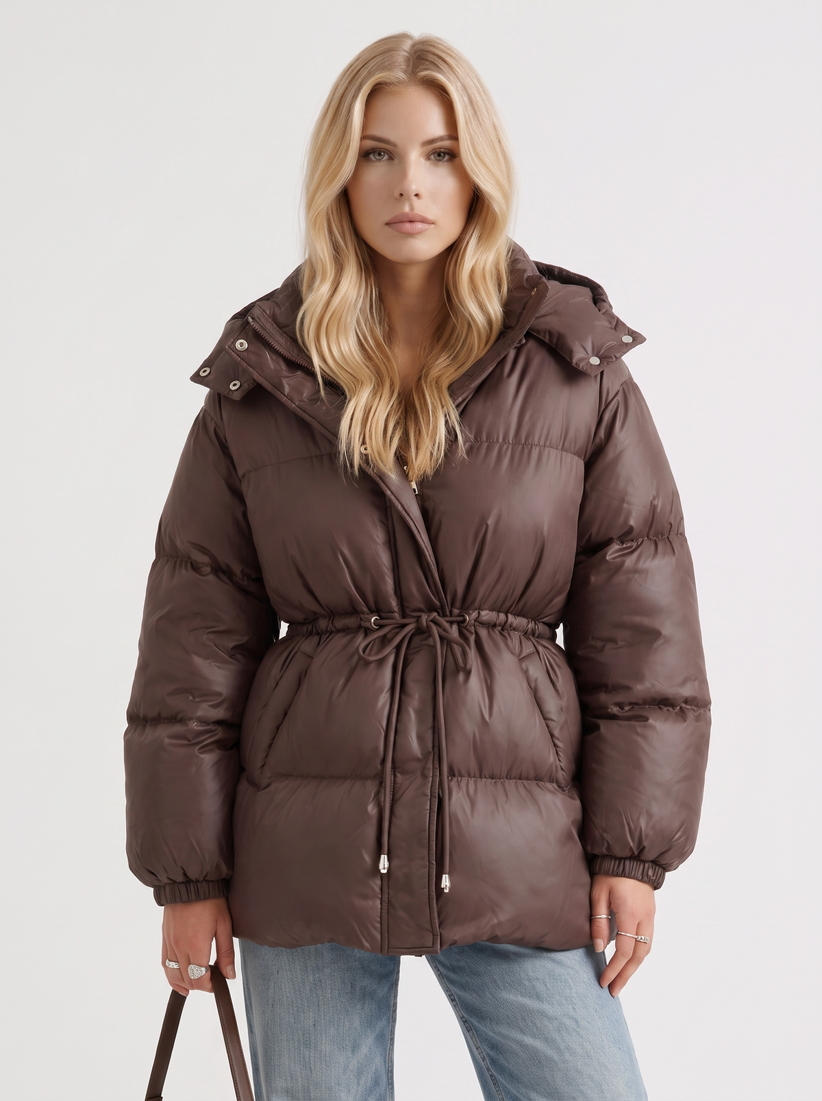 Damen Jacke braun tailliert mit Kapuze und Gummizug - 1 - Atelier-Zofia
