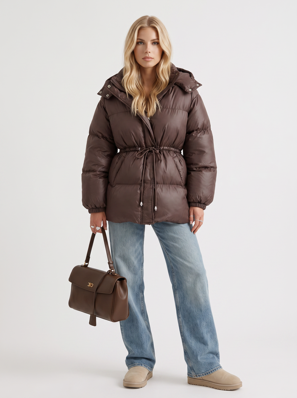Damen Jacke braun tailliert mit Kapuze und Gummizug - 2 - Atelier-Zofia