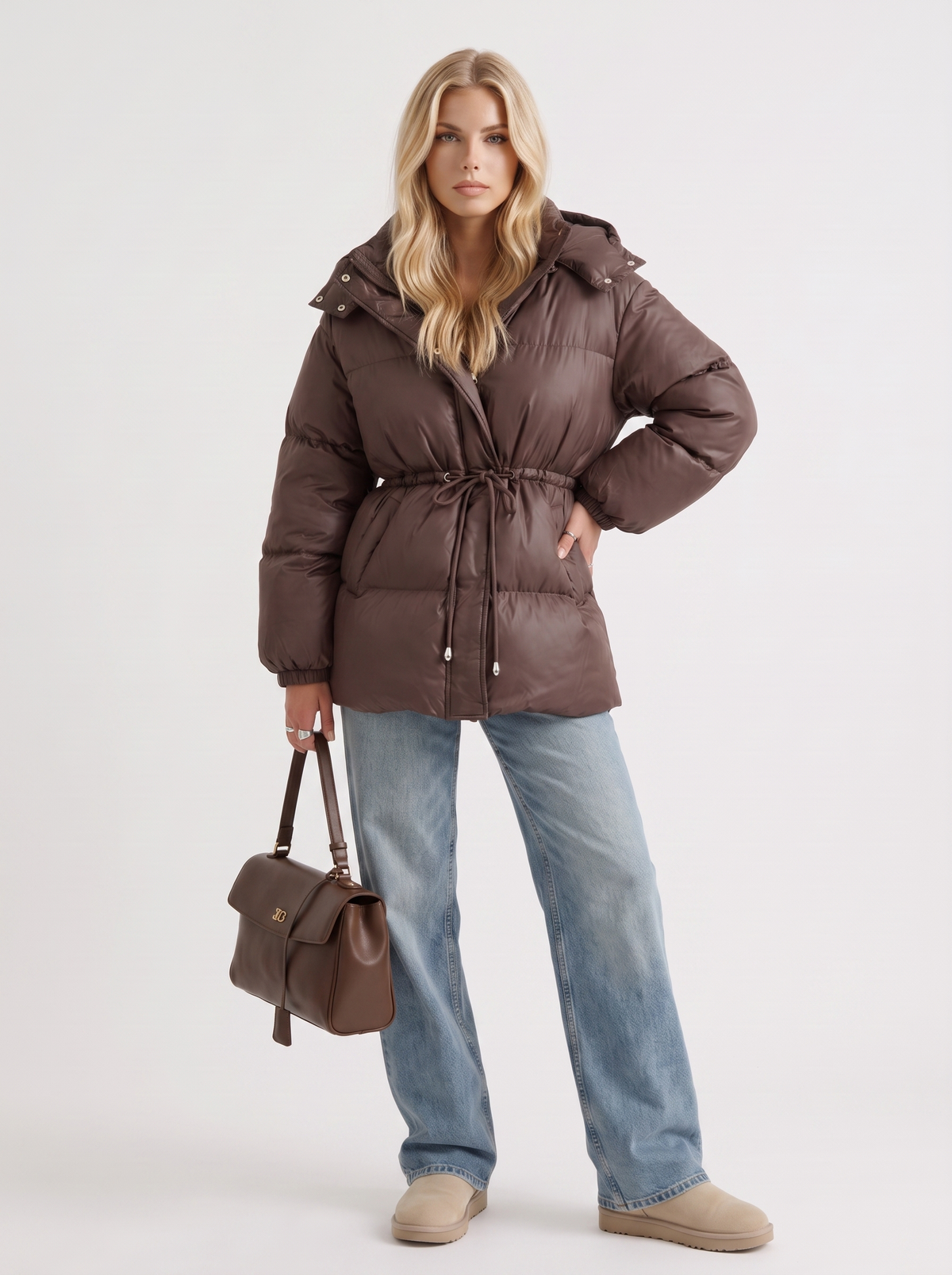 Damen Jacke braun tailliert mit Kapuze und Gummizug - 3 - Atelier-Zofia