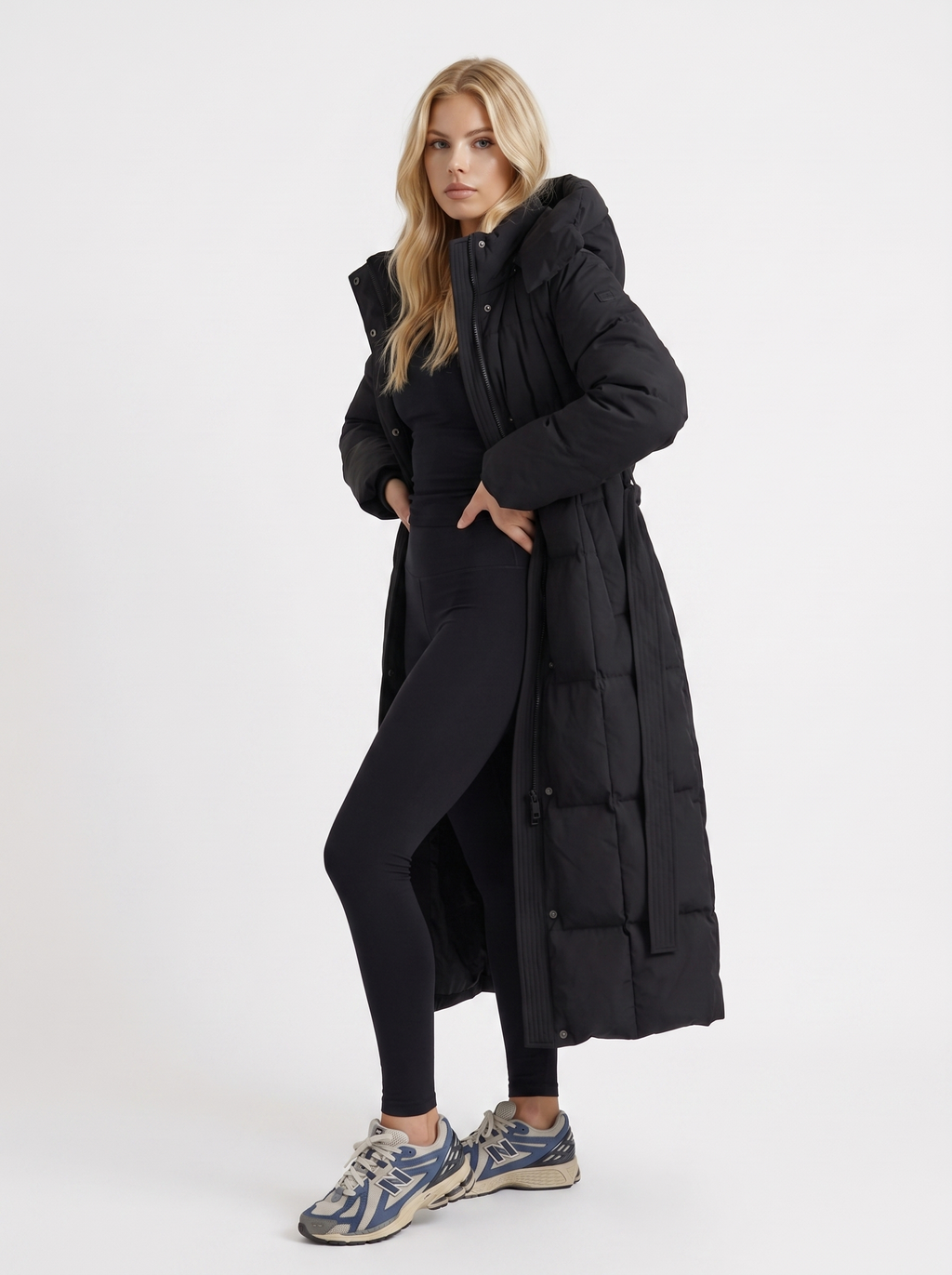 Wintermantel Damen schwarz lang mit Kapuze und Reißverschluss - 3 - Atelier-Zofia