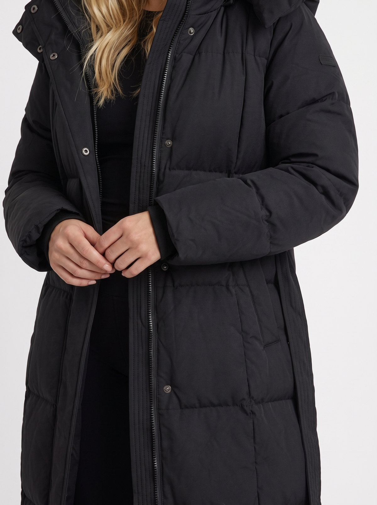 Wintermantel Damen schwarz lang mit Kapuze und Reißverschluss - 6 - Atelier-Zofia