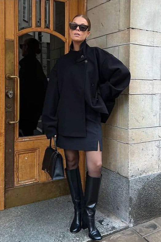 Jacke Damen grau oversized mit Stehkragen und Knopfverschluss - 7 - Atelier-Zofia