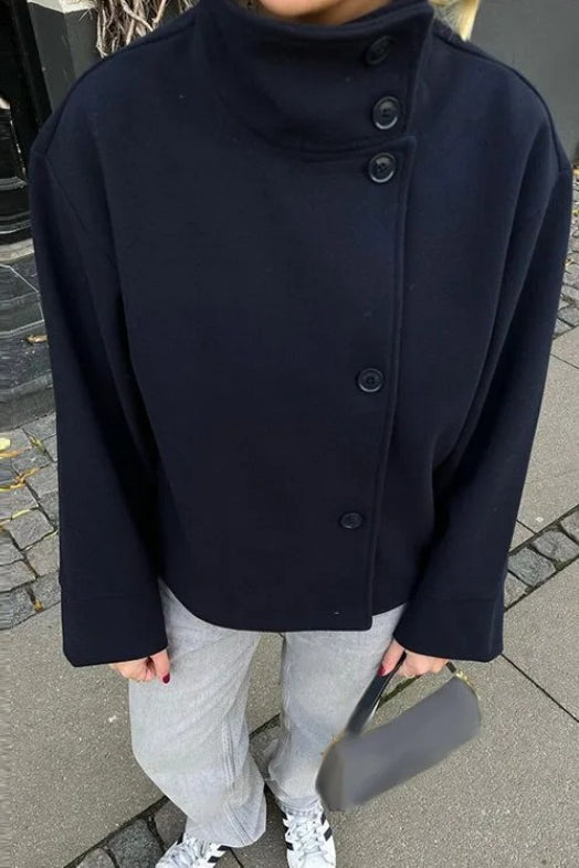 Jacke Damen grau oversized mit Stehkragen und Knopfverschluss - 8 - Atelier-Zofia