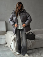Damenjacke schwarz tailliert mit Kapuze und verstellbarem Taillenband - 8 - Atelier-Zofia