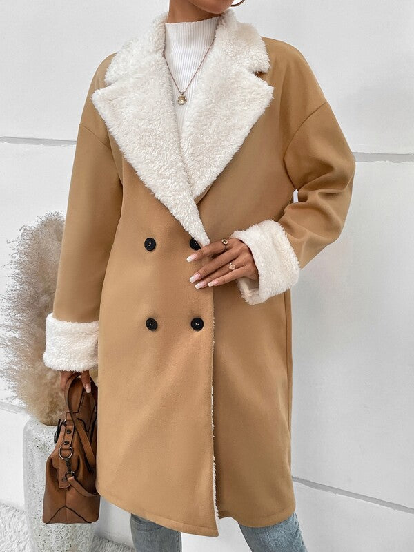 Mantel Damen beige mit doppelter Knopfreihe und weichem Kragen - 6 - Atelier-Zofia