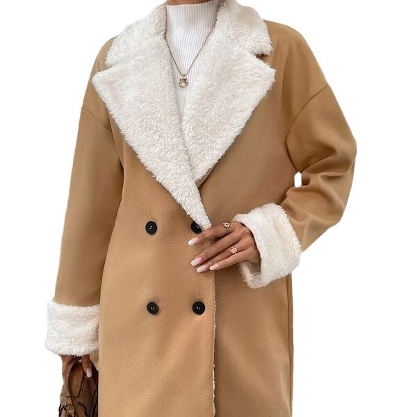 Mantel Damen beige mit doppelter Knopfreihe und weichem Kragen - 7 - Atelier-Zofia