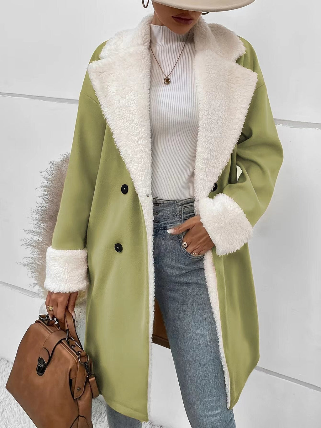 Mantel Damen beige mit doppelter Knopfreihe und weichem Kragen - 9 - Atelier-Zofia