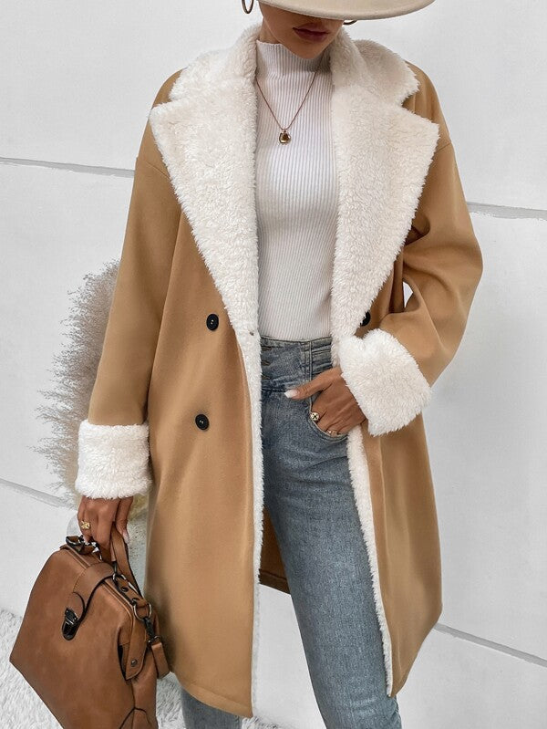 Mantel Damen beige mit doppelter Knopfreihe und weichem Kragen - 10 - Atelier-Zofia