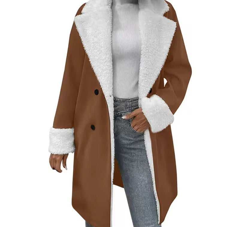 Mantel Damen beige mit doppelter Knopfreihe und weichem Kragen - 11 - Atelier-Zofia