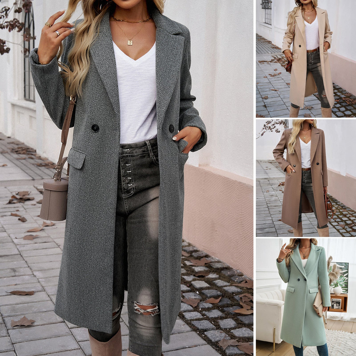 Mantel Damen grau tailliert mit Reverskragen und Taschen - 2 - Atelier-Zofia