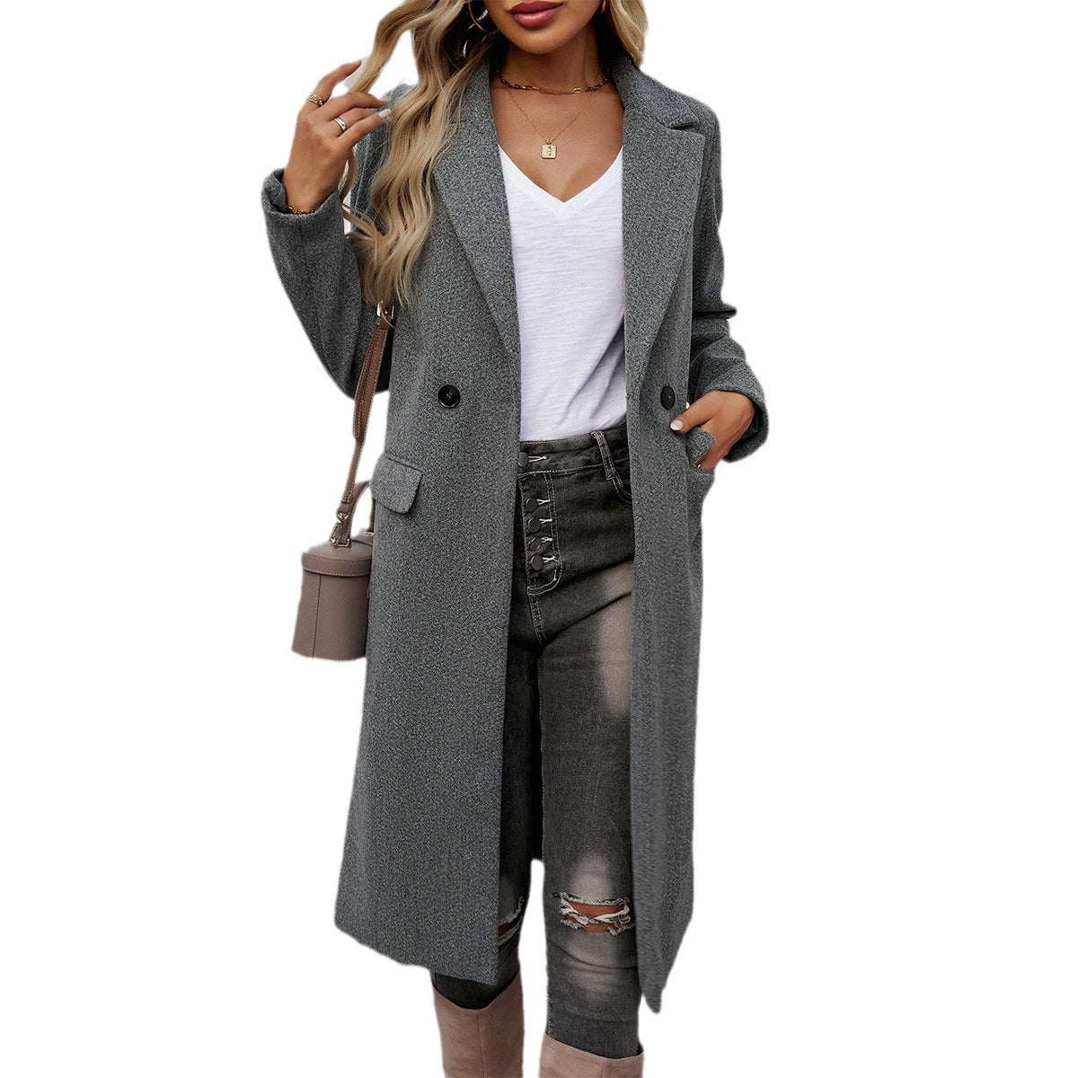 Mantel Damen grau tailliert mit Reverskragen und Taschen - 4 - Atelier-Zofia