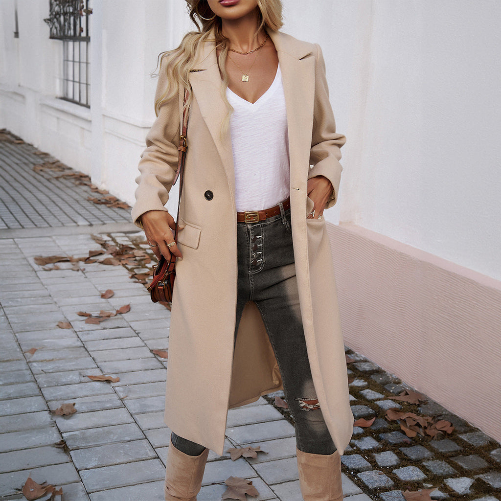 Mantel Damen grau tailliert mit Reverskragen und Taschen - 5 - Atelier-Zofia