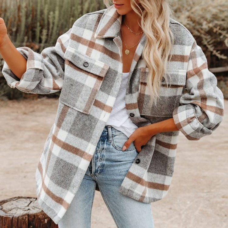 Jacke Damen grau kariert mit praktischen Taschen - 5 - Atelier-Zofia