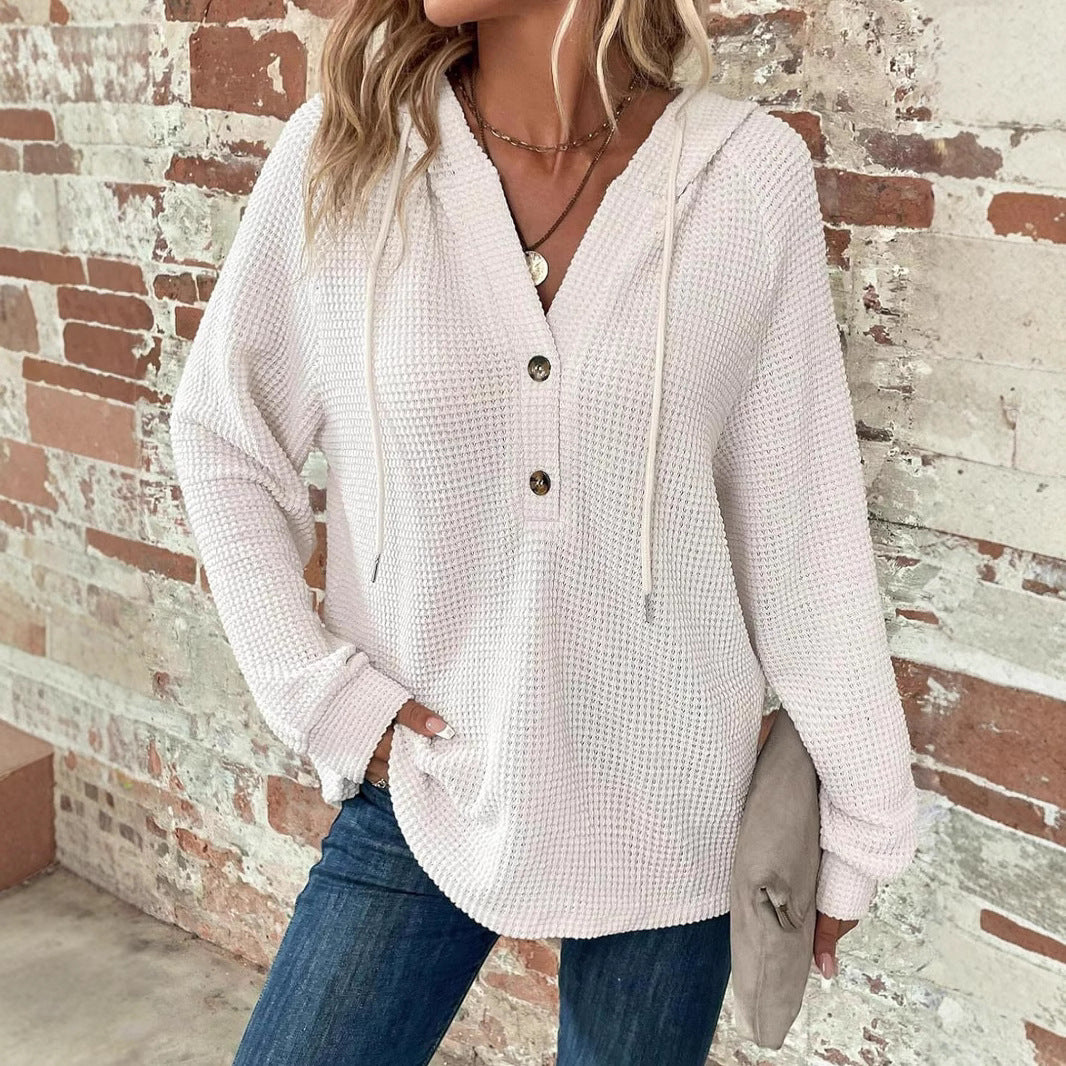 Pullover Damen beige mit Kapuze und Knopfleiste - 1 - Atelier-Zofia