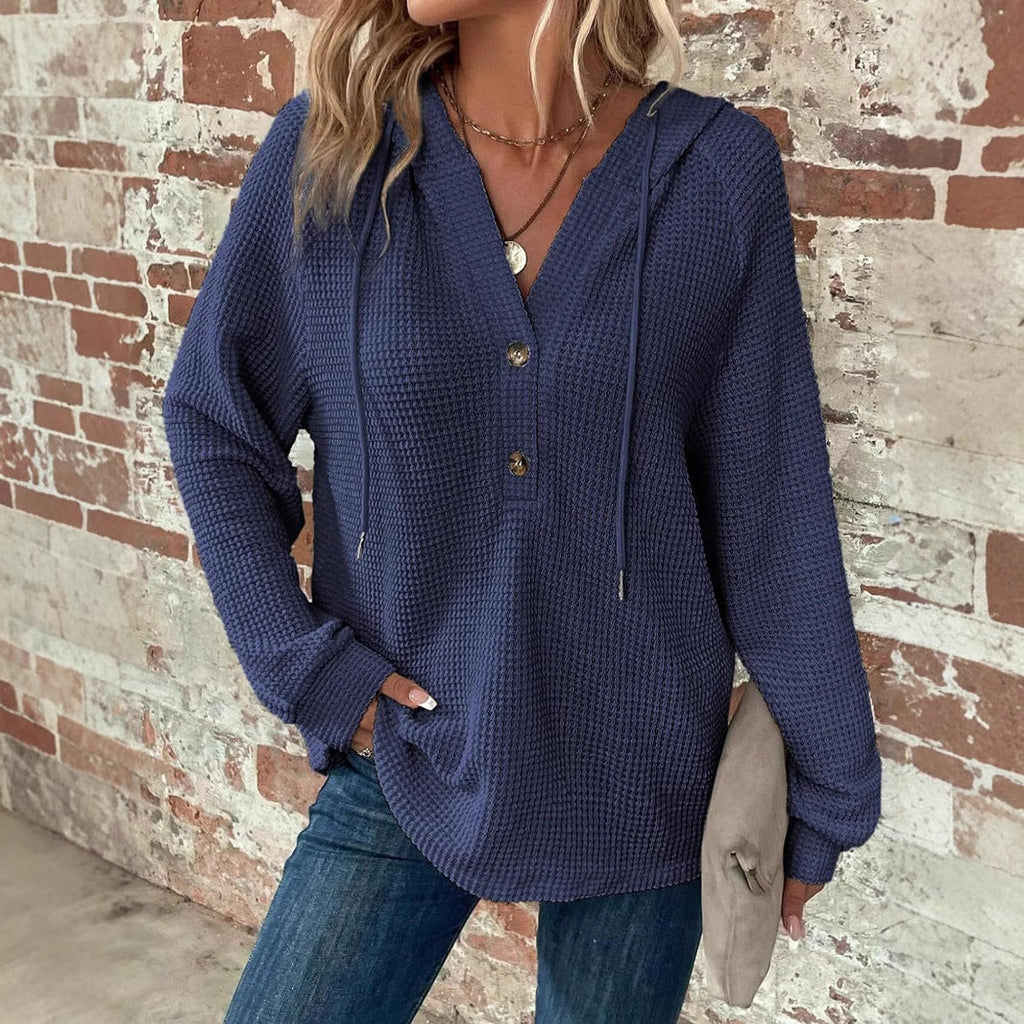 Pullover Damen beige mit Kapuze und Knopfleiste - 4 - Atelier-Zofia