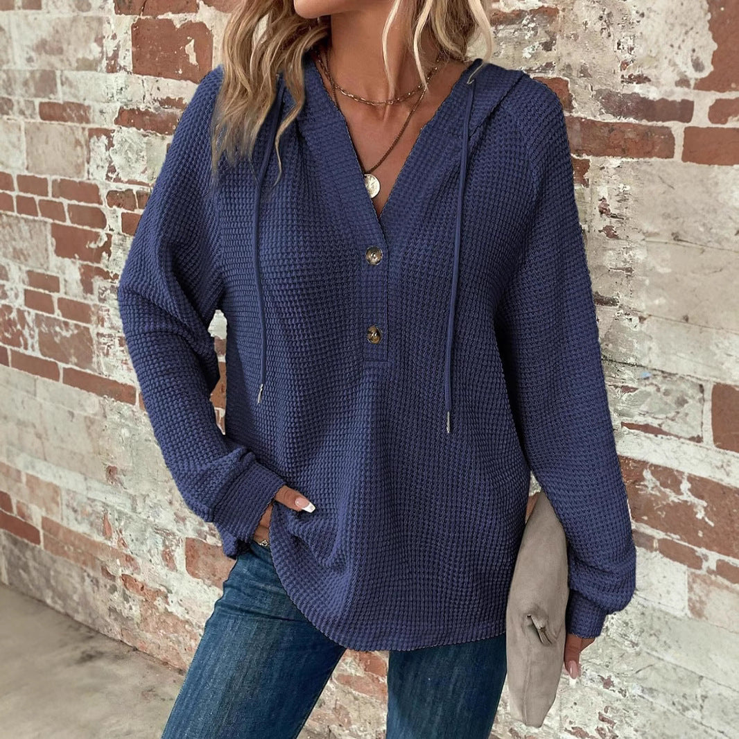 Pullover Damen beige mit Kapuze und Knopfleiste - 4 - Atelier-Zofia