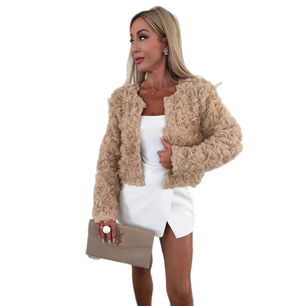 Jacket Damen beige figurbetont mit Blumenmuster - 5 - Atelier-Zofia