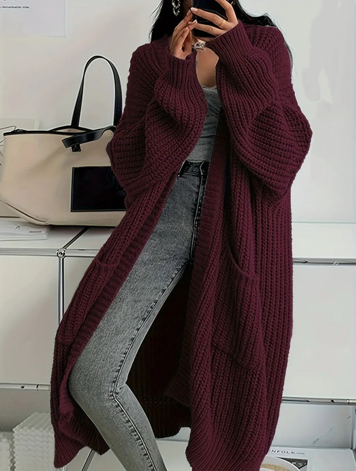Cardigan Damen rot weit mit praktischen Taschen - 4 - Atelier-Zofia