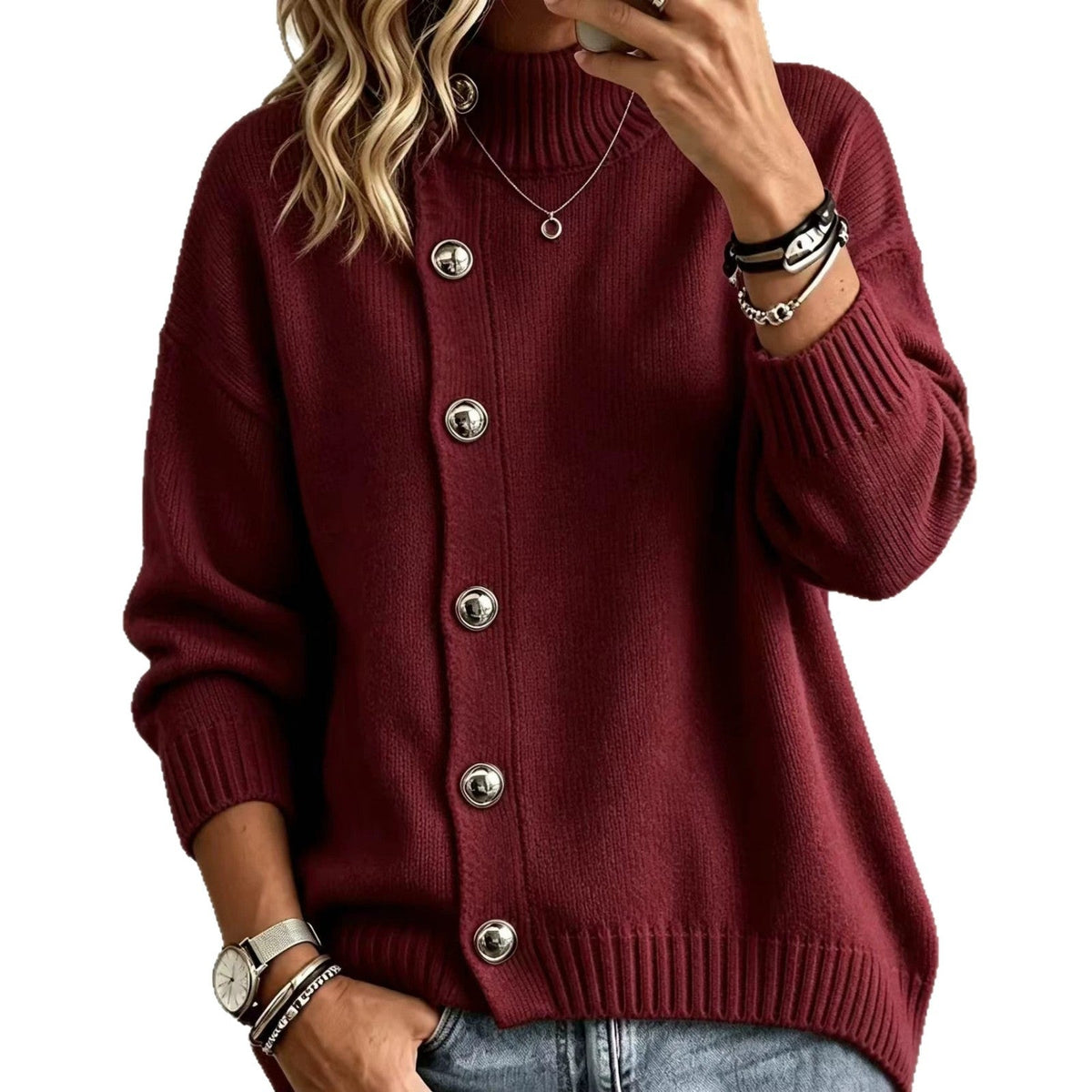 Pullover Damen schwarz mit Knopfdetails und hohem Kragen - 2 - Atelier-Zofia