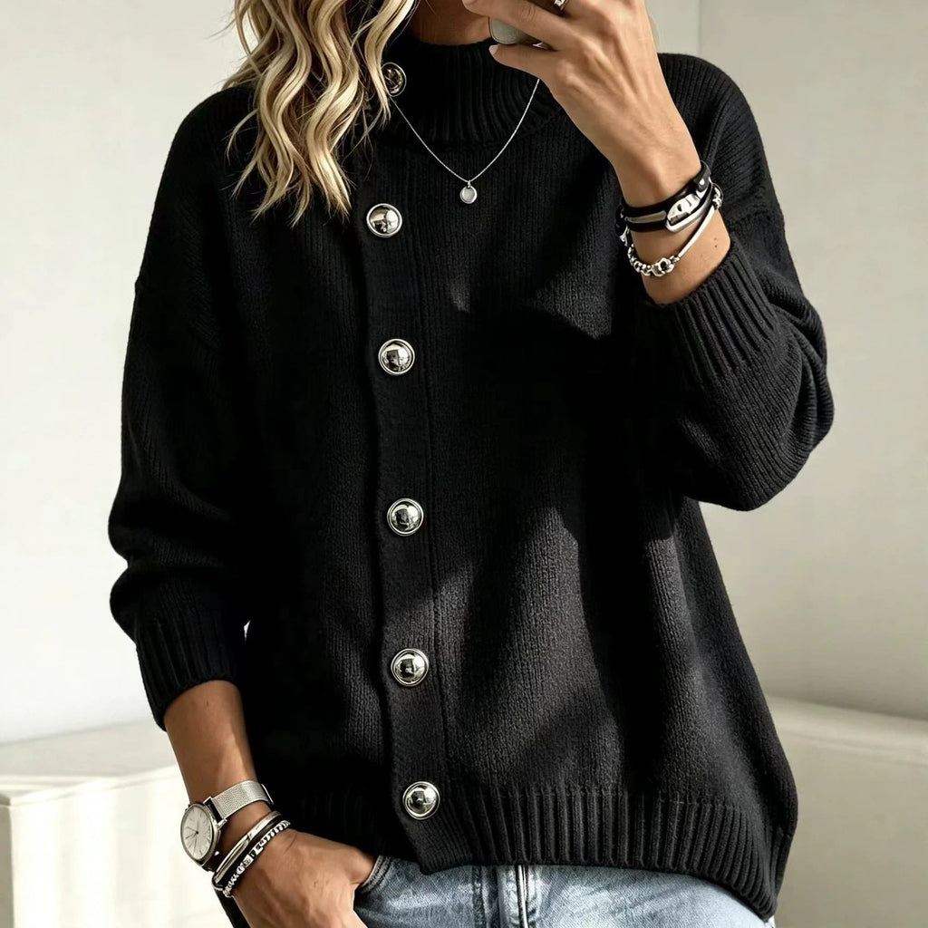 Pullover Damen schwarz mit Knopfdetails und hohem Kragen - 5 - Atelier-Zofia