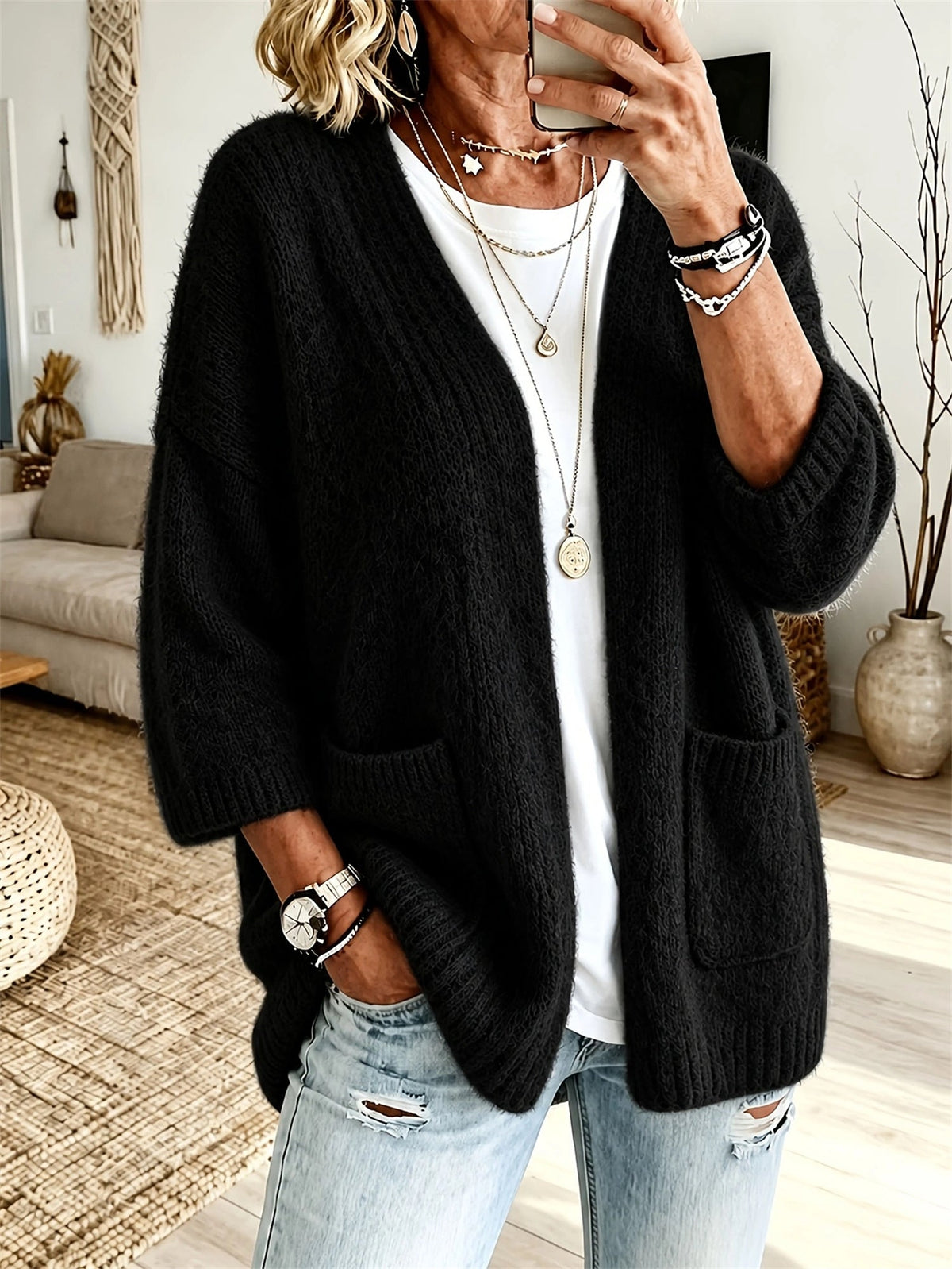 Cardigan Damen schwarz weit geschnitten mit Taschen - 1 - Atelier-Zofia
