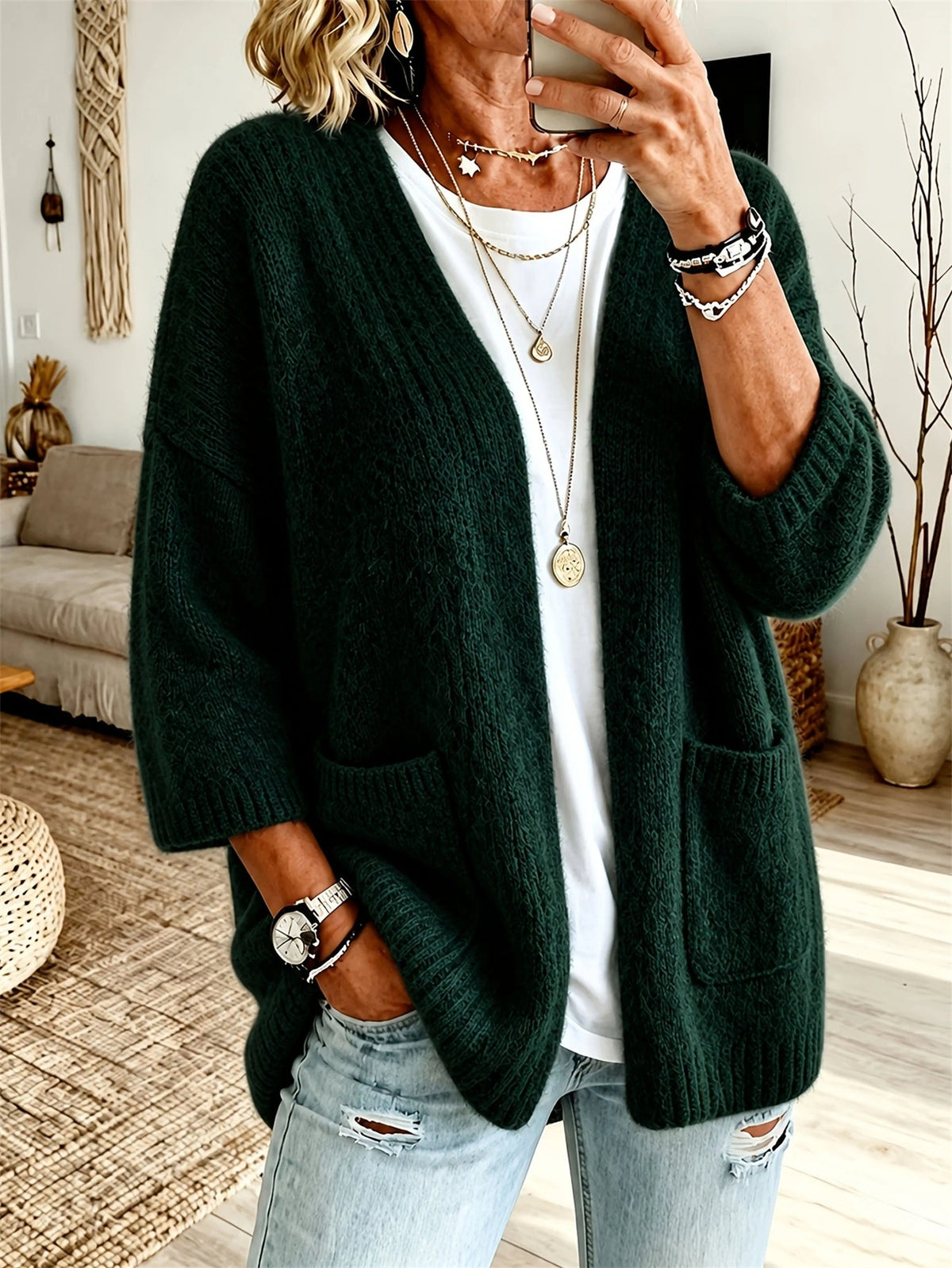Cardigan Damen schwarz weit geschnitten mit Taschen - 3 - Atelier-Zofia