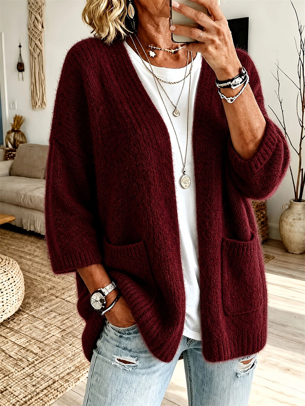 Cardigan Damen schwarz weit geschnitten mit Taschen - 4 - Atelier-Zofia