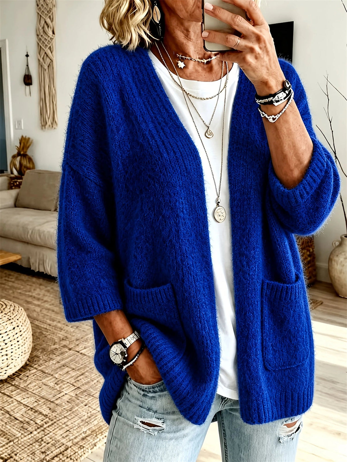 Cardigan Damen schwarz weit geschnitten mit Taschen - 7 - Atelier-Zofia