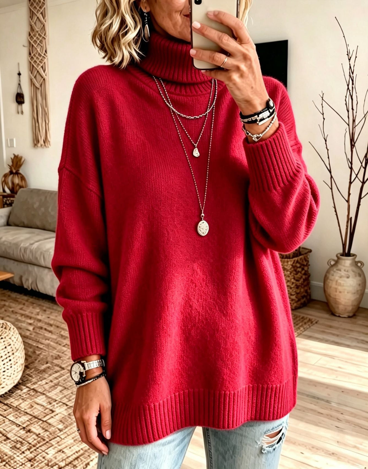 Pullover Damen rot mit lockerer Passform und Stehkragen - 1 - Atelier-Zofia