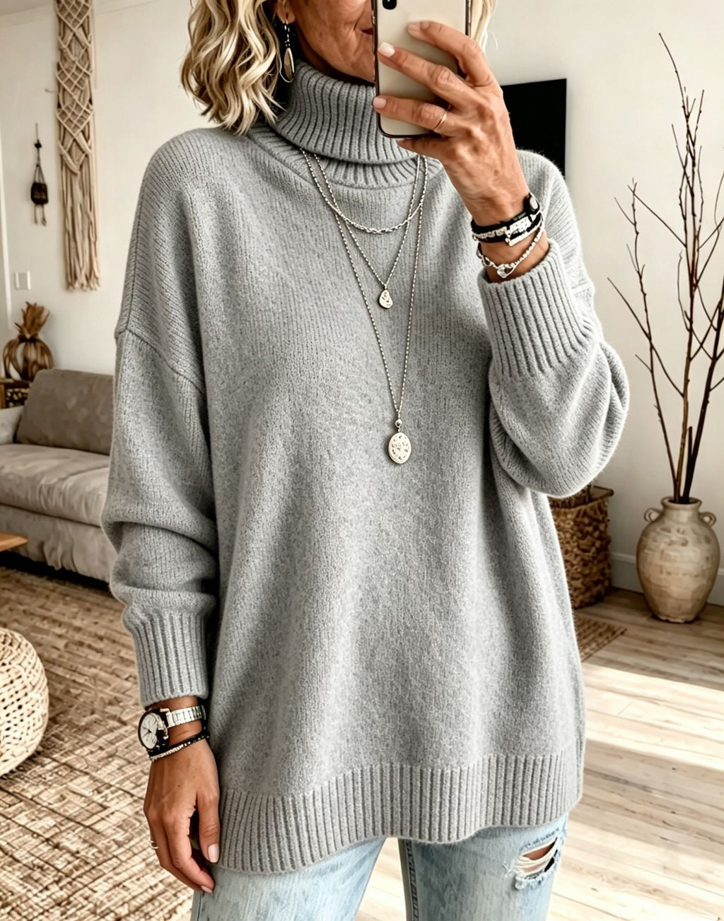 Pullover Damen rot mit lockerer Passform und Stehkragen - 5 - Atelier-Zofia